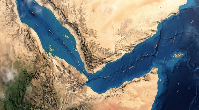 Satellite view of the Red Sea Saudi Arabia and Gulf of Aden, Bab el-Mandeb Strait.