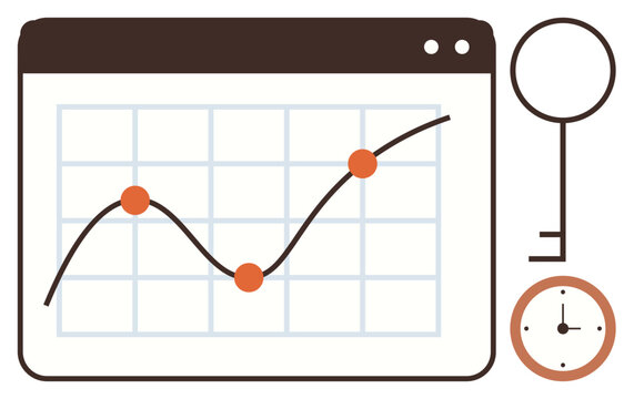 Business strategy, data analysis, cybersecurity, time management, secure access, progress tracking. A line graph, key and clock icon. Data analysis and cybersecurity illustration