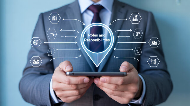 Businessman in a suit holds a smartphone displaying a glowing digital diagram of roles and responsibilities with connected business icons on a blue ba