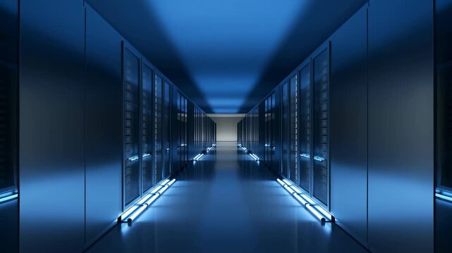 Modern Network Facility Passage Showcasing Illuminated Storage Units And Polished Surfaces