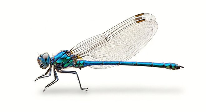 A vibrant blue dragonfly with delicate wings against a clean white background