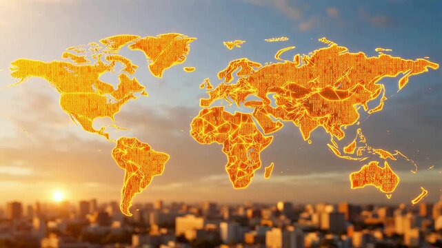 Digital world map over city skyline