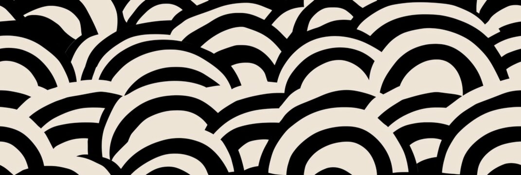 Black and beige geometric wave pattern design. Seamless geometric pattern featuring overlapping black arc shapes on a light background