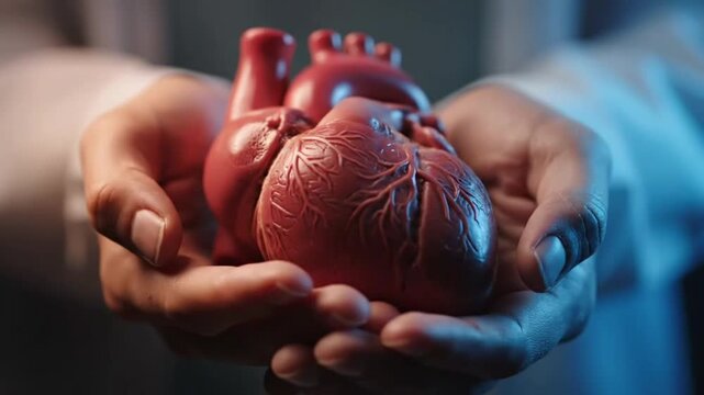Multiple hands support a realistic heart model, symbolizing teamwork, care, and collective responsibility in maintaining human health.