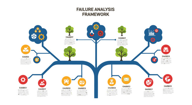 Failure Analysis Framework Infographic: Tree Diagram, Icons, Data, Growth