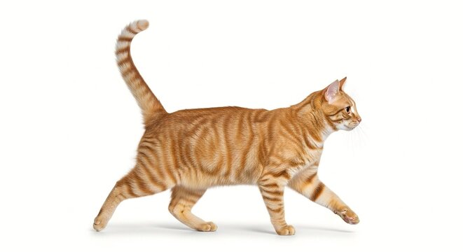 A beautiful orange tabby cat walking on a white background with its tail up