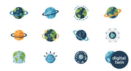 Collection of Cartoon Planets with Rings and Varied Terrains. © ampuh
