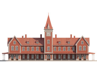 Fototapeta premium Large red brick building with clock tower and covered porch