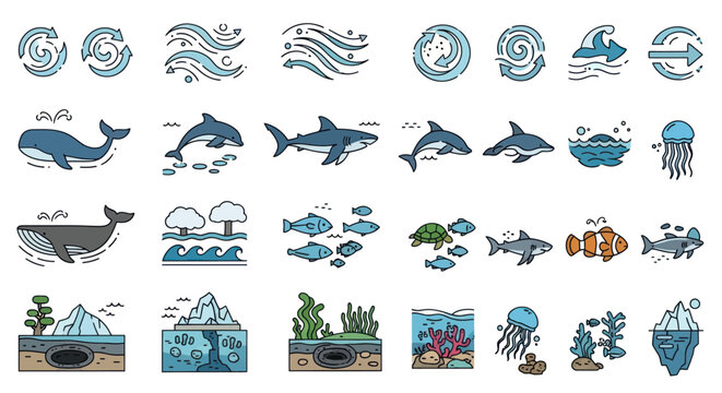 Collection of Hand-Drawn Marine Animals and Ocean Elements.