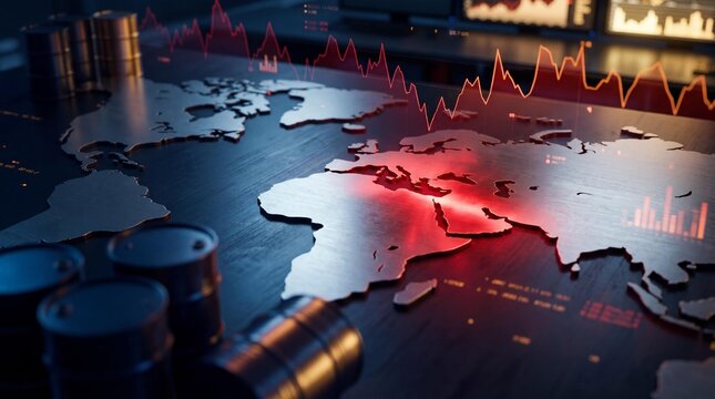Global crisis abstract world map with one region glowing red and oil