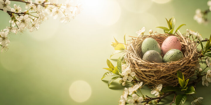 Ostereier im Vogelnest auf Fr&uuml;hlingszweig mit Bl&uuml;ten und Bokeh, Platz f&uuml;r Text