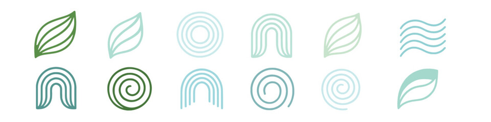 Fototapeta premium Minimalist Organic Line Art Logo Elements Set, Abstract Green Nature Symbols for Wellness Branding