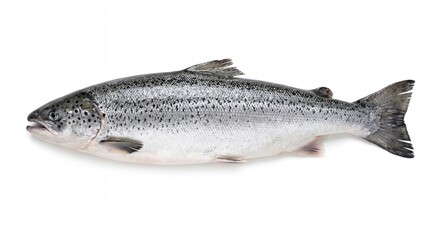 Obraz premium A whole fresh atlantic salmon fish featuring silver scales with distinct black spots and fins