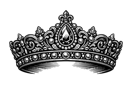Exquisite black and white vintage engraving of a regal royal crown, adorned with sparkling jewels and intricate ornamental scrollwork, ideal for historical, majestic, or luxury design projects and ari
