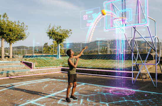 Basketball player shooting on outdoor court with augmented scoreboard and trajectory tracking system