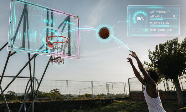 Basketball player shooting ball toward hoop with real time trajectory and accuracy data overlay
