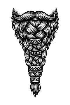 Magnificent Viking Braided Beard with Ornate Norse Runes and Celtic Knots &ndash; A Detailed Black and White Illustration. This intricate, masculine fantasy design is perfect for historical art, tattoo insp