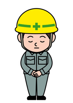 安全帽のヘルメットをかぶってお辞儀をする作業服の男性のベクターイラスト