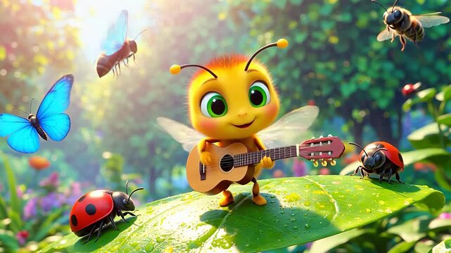 Cartoon bee playing guitar with insects