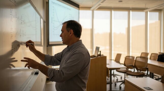 Man teaching in a modern classroom with whiteboard and projection screen