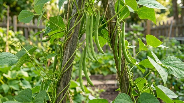 A lush garden scene with green plants and long bean pods climbing up wooden trellises