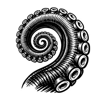 Detailed B&W engraved octopus tentacle, mesmerizing spiral, intricate suckers, vintage woodcut style. Hand-drawn marine illustration captures deep-sea mystery, nautical charm, perfect for aquatic art,