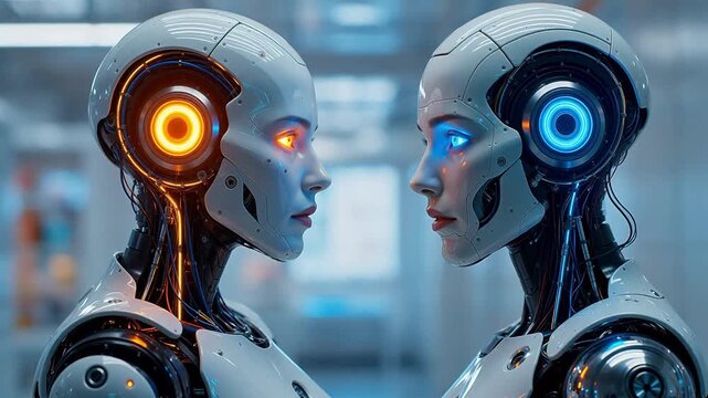 Two humanoid robots facing each other