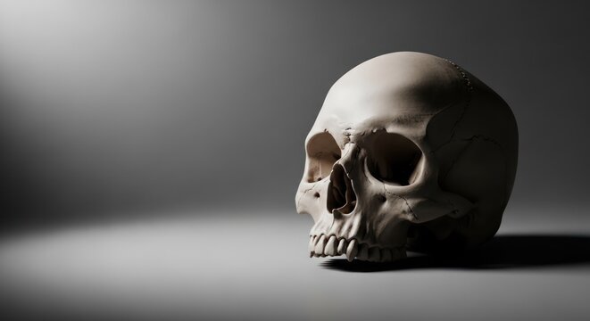 Anatomical skull on dark gray background. Human skull, cranium bone, anatomical skeleton. Halloween, death, science concept.