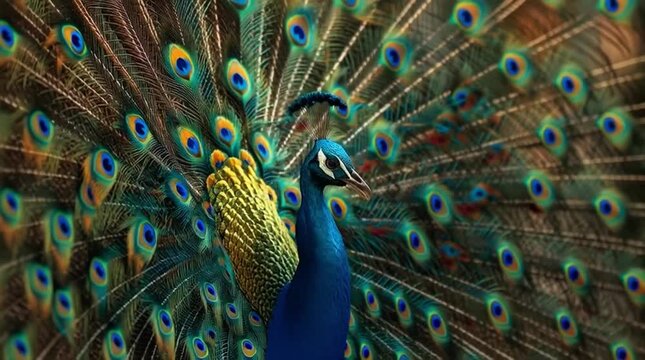 Peacock spreading tail feathers in forest scene hd