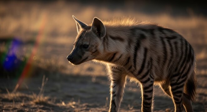 Stripped hyena at golden hour in the wild, walking in the dry field landscape, wildlife and nature concept.