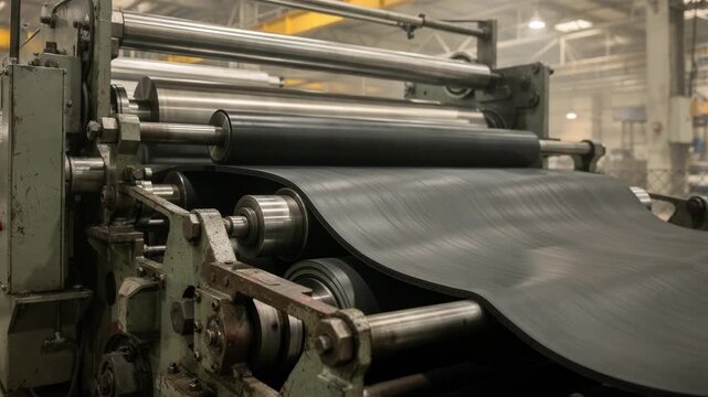 Rolling multiply rubber sheets with layered construction in industrial calendaring machine highlighting complex assembly for durable conveyor belting under precise mechanical