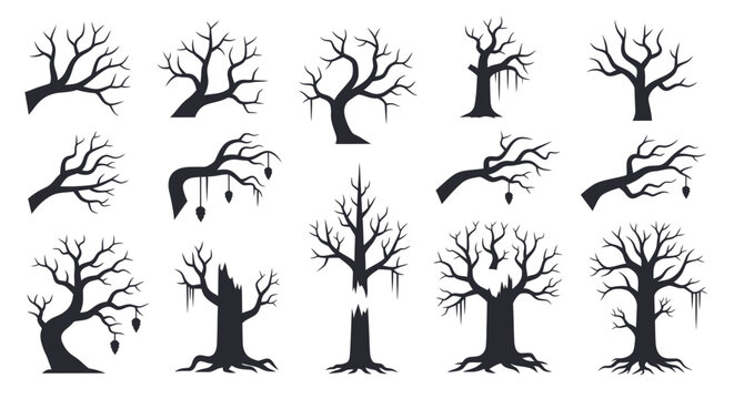 Silhouette Collection of Spooky Bare Trees for Halloween Decorations.