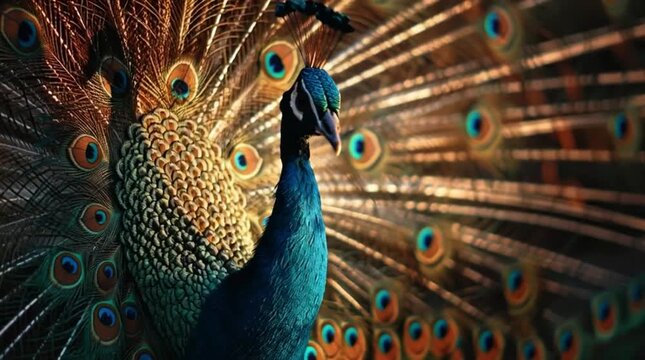 Peacock spreading tail feathers in forest scene hd