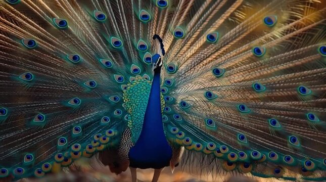 Peacock spreading tail feathers in forest scene hd