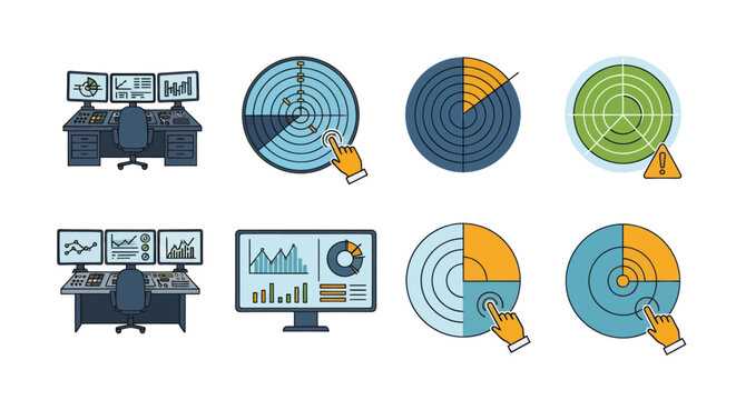 Business data analysis icons set: financial charts graphs and trading desk monitors.