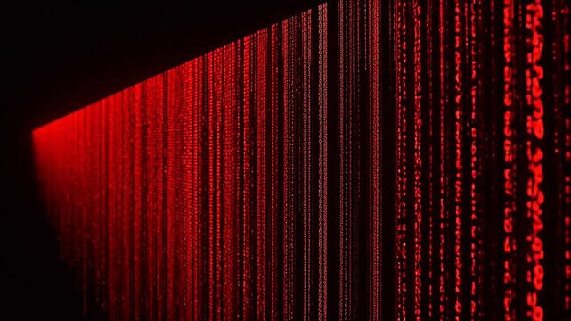 Red digital code cascade on black background