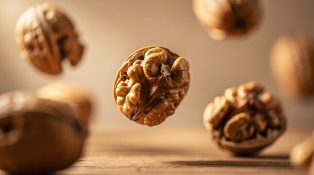 Close-up of whole and shelled walnuts floating above a wooden surface with a warm, soft background.