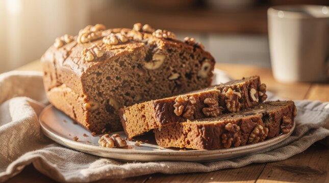 A freshly baked walnut loaf cake with two sliced pieces on a plate, showcasing a moist texture and topped with crunchy walnut halves.