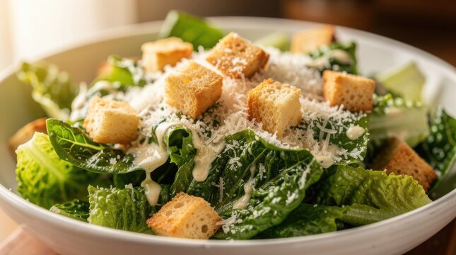A fresh Caesar salad in a white bowl with crisp romaine lettuce, crunchy croutons, and grated Parmesan cheese.