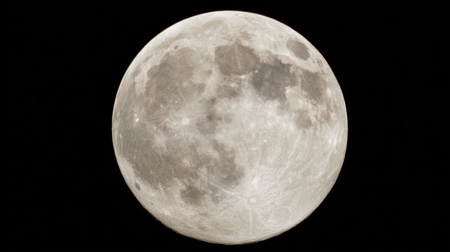 Detailed full moon captured against a dark cosmic background, highlighting textured lunar surface and crater shadows. ideal for science education sheets and astronomy learning materials.