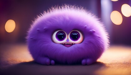 Fototapeta premium Rounded Little Fluffy Cute Monster Big Cute Eyes Shinning Hopeful Purple