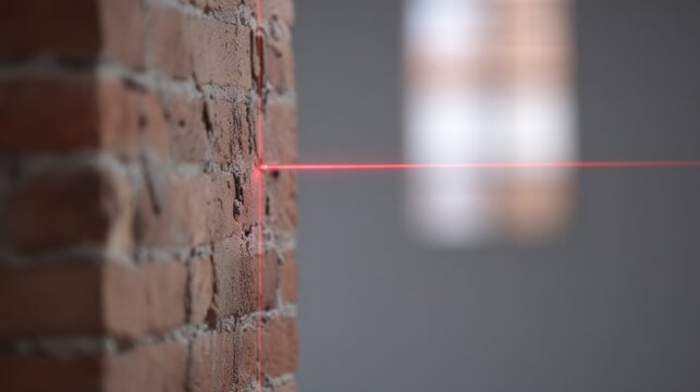 Red laser line sharply aligned across a raw unfinished brick wall with industrial textures and focused lighting. ideal for tech mockups, product showcases, and startup pitch visuals.