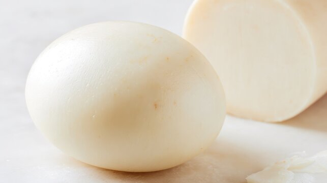 Close up of freshly cut cheese, with a dense and pale interior and a smooth surface. Packaging model designed specifically for cooking blogs and restaurant recipe cards.