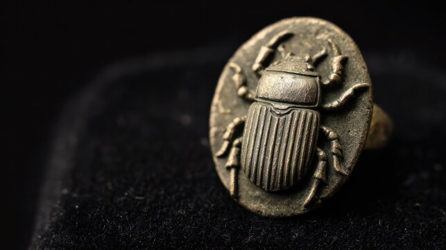 Ornate scarab beetle gemstone seal ring on black velvet with detailed carving. wildlife magazines, conservation campaigns, designed for eco-tourism storytelling, used by recruiters.