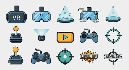 VR headsets game controllers and gaming icons set. © Berkah