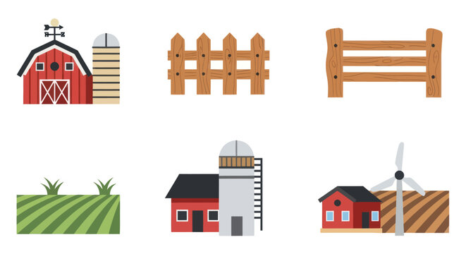 A collection of flat design farm icons featuring a red barn silo wooden fence green field and wind turbine.