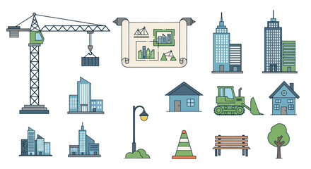 Fototapeta premium Construction and Cityscape Elements: Crane Blueprint Buildings and Infrastructure.