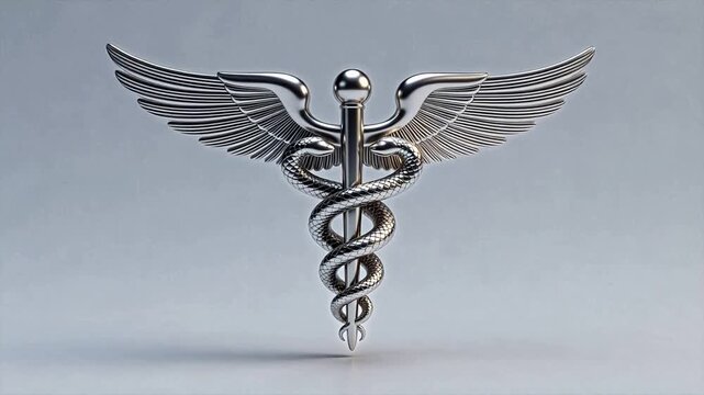 Silver caduceus symbol with snakes and wings