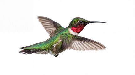 Fototapeta premium A vibrant ruby-throated hummingbird captured in mid-air with wings fully spread during flight