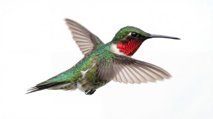 Fototapeta premium A vibrant ruby-throated hummingbird in flight displaying its iridescent green and red plumage